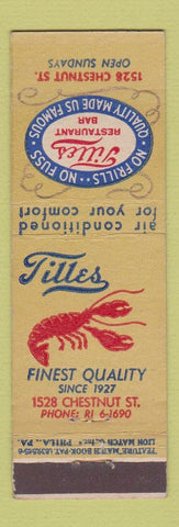 Matchbook Cover - Tillies Restaurnt Philadelphia PA feature lobster