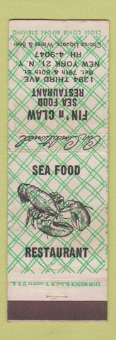 Matchbook Cover - Fin n Claw Seafood Restaurant New York City lobster