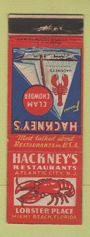 Matchbook Cover - Hackney's Restaurants Atlantic City NJ Miami Beach FL WEAR