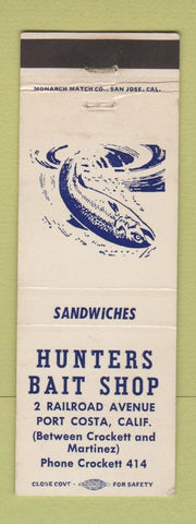 Matchbook Cover - Hunters Bait Shop Port Costa CA low phone #