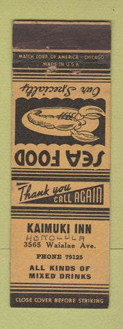 Matchbook Cover - Kaimuki Inn Honolulu Hawaii POOR BACK YELLOW WRITING