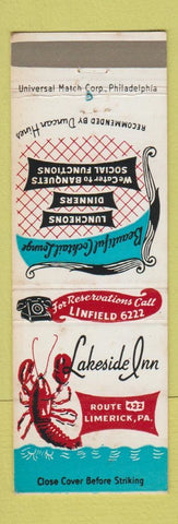 Matchbook Cover - Lakeside Inn Limerick PA lobster