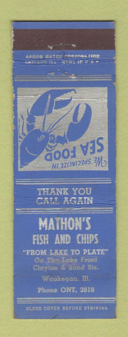 Matchbook Cover - Mathon's Fish and Chips Waukegan IL lobster ARROW