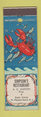 Matchbook Cover - Simpson's Restaurant Point Pleasant Beach NJ lobster