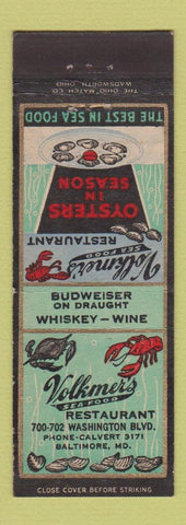 Matchbook Cover - Volkmer's Restaurant seafood Baltimore MD lobster