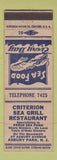 Matchbook Cover - Criterion Sea Grill lobster Asbury Park NJ  WHITE