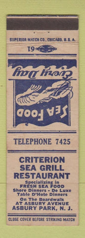 Matchbook Cover - Criterion Sea Grill lobster Asbury Park NJ  WHITE
