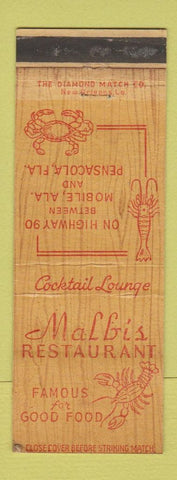 Matchbook Cover - Malbi's Restaurant lobster Pensacola FL