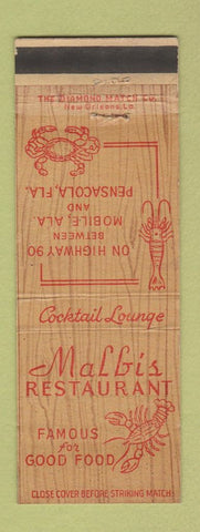 Matchbook Cover - Malbi's Restaurant lobster between Mobile AL Pensacola FL