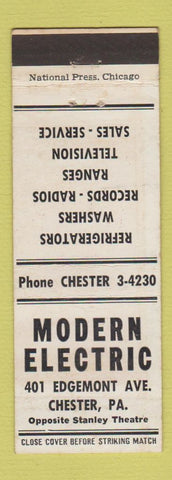 Matchbook Cover - Modern Eelctric Chester PA appliances lps radios music