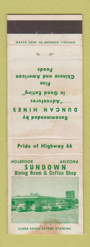 Matchbook Cover - Sundown Restaurant Holbrook AZ Route 66 WORN