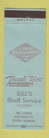 Matchbook Cover - Bill's Shell oil gas Elgin IL BLUE