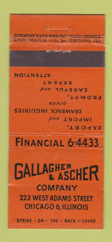 Matchbook Cover - Gallagher & Ascher Export Import Chicago IL 21 Strike Feature