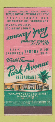 Matchbook Cover - Park Avenue Restaurant Miami Beach FL 30 Stick