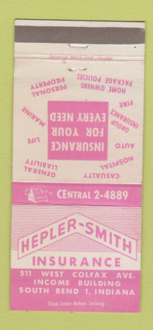 Matchbook Cover - Hepler Smith Insurance South Bend IN 30 Strike