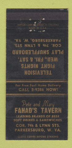 Matchbook Cover - Fahad's Tavern Parkersburg WV WORN 30 Strike