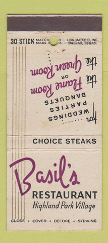 Matchbook Cover - Basil's Restaurant Highland Park Village Dallas TX 30 Stick