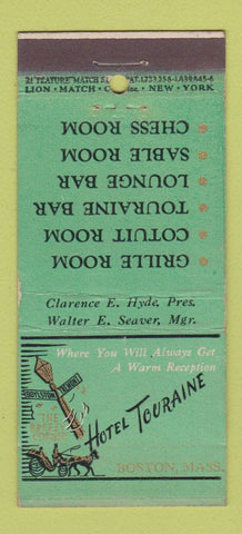 Matchbook Cover - Hotel Touraine Boston MA 21 Strike Feature