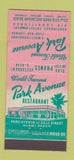 Matchbook Cover - Park Avenue Restaurant Miami Beach FL 30 Stick