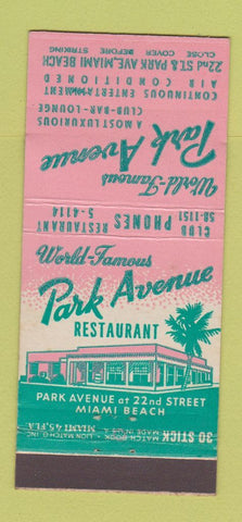 Matchbook Cover - Park Avenue Restaurant Miami Beach FL 30 Stick