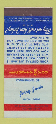 Matchbook Cover - Jerry Junk Insurance Manitowoc WI  21 Strike Feature