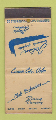 Matchbook Cover - Club Belvedere Canon City Colorado WEAR 30 Stick
