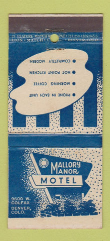 Matchbook Cover - Mallory Manor Motel Denver Colorado Colfax 21 Strike Feature