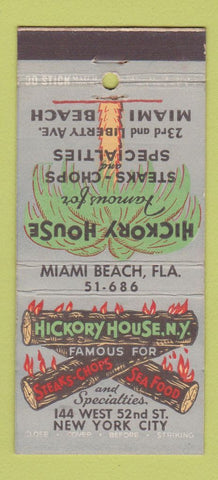 Matchbook Cover - Hickory House New York City Miami Beach FL 30 Stick