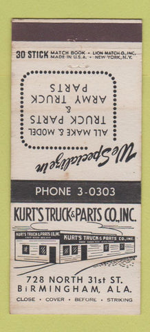 Matchbook Cover - Kurt's Truck Parts Birmingham AL 30 Stick