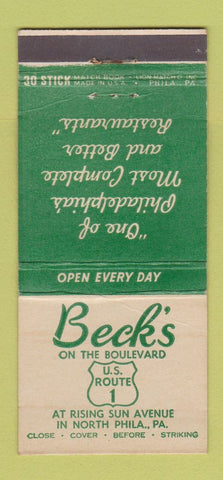 Matchbook Cover - Beck's North Philadelphia PA Restaurant  30 Stick