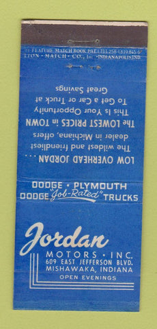 Matchbook Cover - Jordan Motors Dodge Plymouth Mishawaka IN 21 Strike Feature
