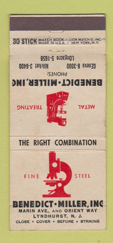 Matchbook Cover - Benedict Miller Metal Treating Lyndhurst NJ 30 Stick