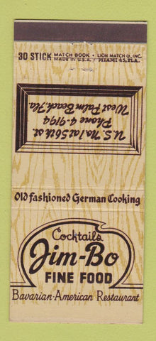 Matchbook Cover - Jim Bo Restaurant Bavarian West Palm Beach FL 30 Stick
