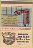 Matchbook Cover - Moose Lodge Burlington IA 40 Strike