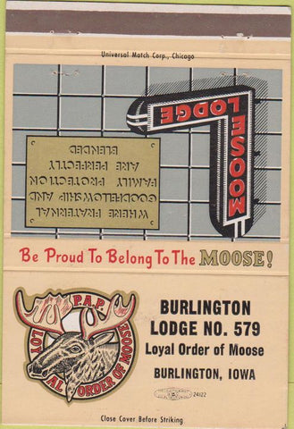 Matchbook Cover - Moose Lodge Burlington IA 40 Strike
