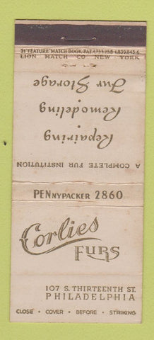 Matchbook Cover - Corlies Furs Philadelphia PA WEAR 21 Strike Feature