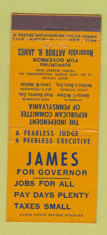 Matchbook Cover - Arthur James for Governor PA 21 Strike Feature
