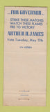 Matchbook Cover - Arthur James for Governor PA 21 Strike Feature