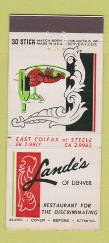 Matchbook Cover - Lande's Restaurant Denver Colorado Colfax 30 Stick
