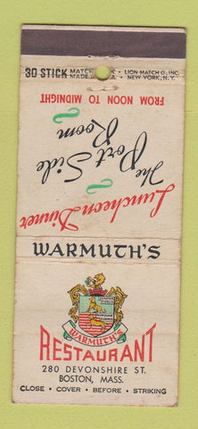 Matchbook Cover - Warmuth's Restaurant Boston MA WEAR 30 Stick