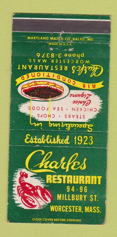 Matchbook Cover - Charles Restaurant Worcester MA 30 Strike