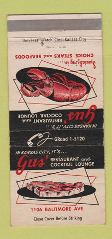 Matchbook Cover - Gus' Restaurant Kansas City MO lobster 30 Strike