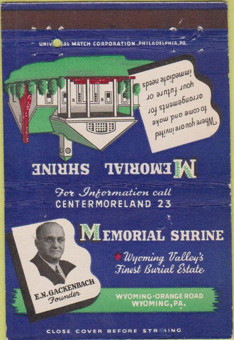 Matchbook Cover - Memorial Shrine Wyoming PA funeral home 40 Strike