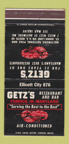 Matchbook Cover - Getz's Restaurant Baltimore MD lobster WEAR 30 Strike