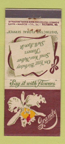 Matchbook Cover - Grandy Flowers Norfolk VA 21 Strike Feature