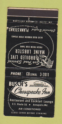 Matchbook Cover - Busch's Chesapeake Inn Annapolis MD 30 Strike