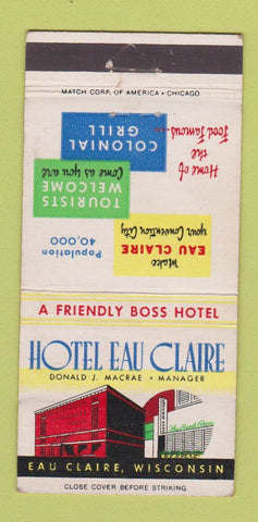 Matchbook Cover - Hotel Eau Claire WI 30 Strike