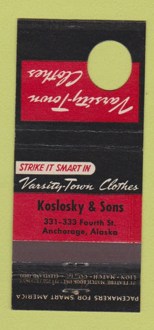 Matchbook Cover - Varsity Town Clothes Koslosky Anchorage AK 21 Strike Feature