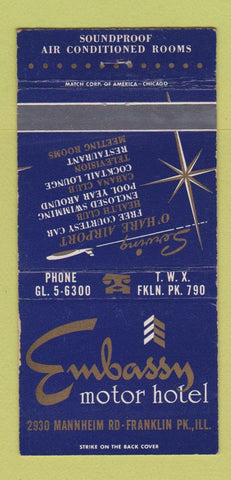 Matchbook Cover - Embassy Motor Hotel Franklin Park IL 30 Strike