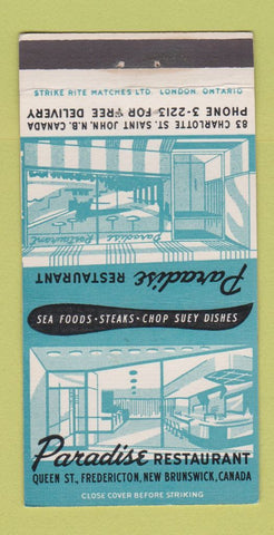 Matchbook Cover - Paradise Restaurant Fredericton NB 30 Strike